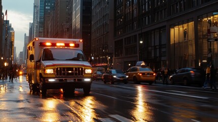 Emergency ambulance on a wet city street at dusk, surrounded by traffic and pedestrians.