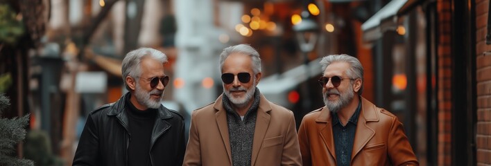 Three men are walking down a snowy street. One of them is wearing a brown jacket. The other two are wearing brown coats. wide angle shot, full body with legs, three 45 years men are walking
