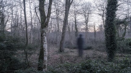 Obraz premium A blurred figure stands in a misty, wooded area, evoking mystery and solitude.