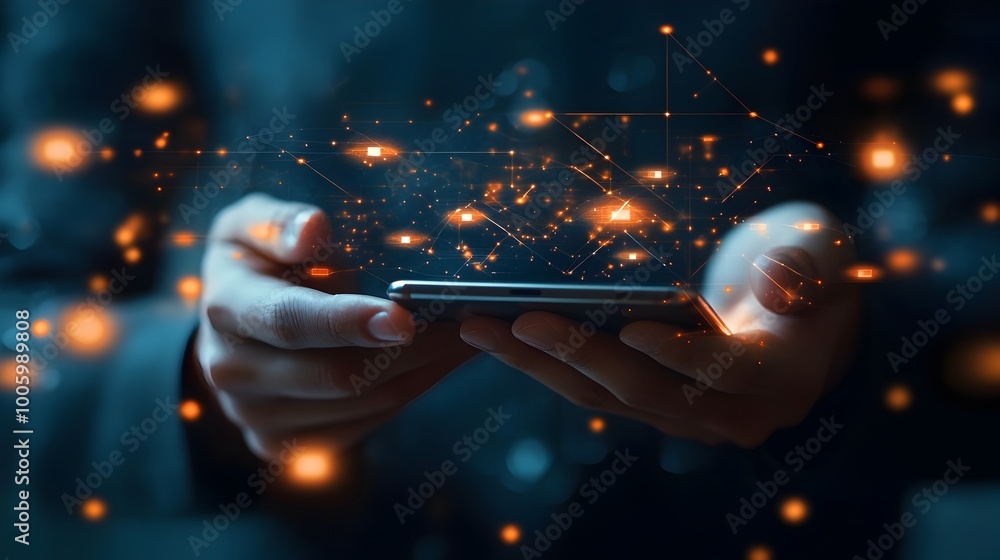 Poster business person using smartphone for digital communication and tech networking
