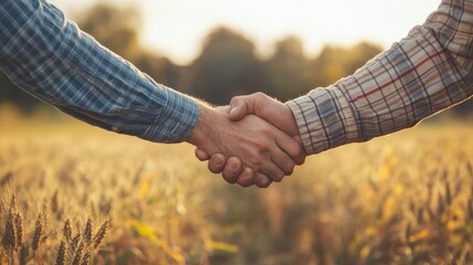 A farmer and a businessman shaking hands in a field, symbolizing partnership in agricultural business, soft natural light