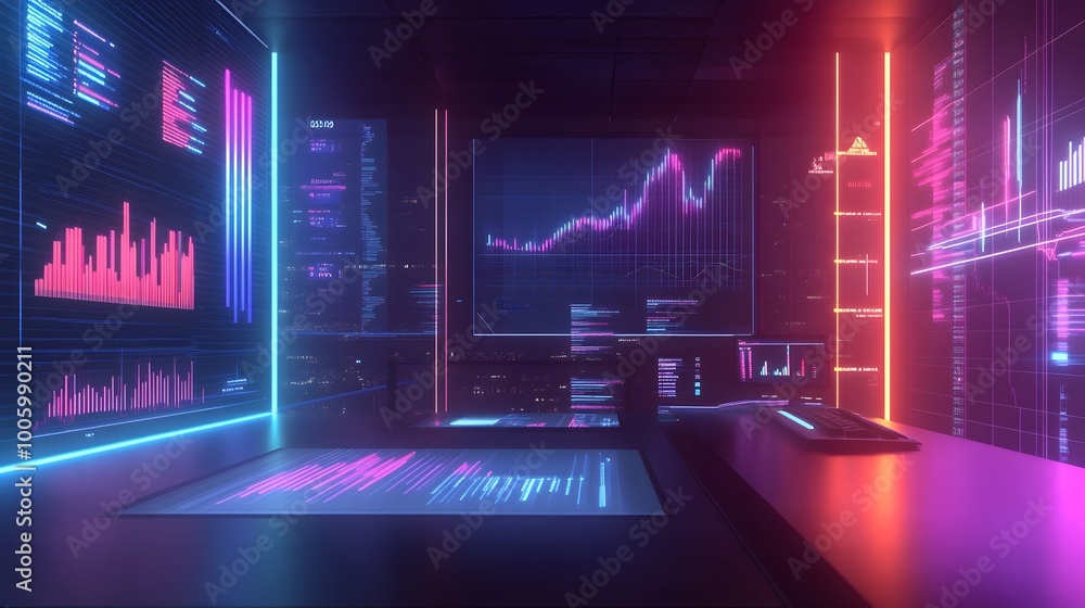 Poster futuristic business finance concept with augmented reality graphs neon glow holograms and high tech 