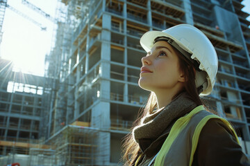 Fototapeta premium Young female intern in a helmet at a construction site.