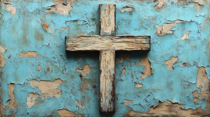 Wooden cross symbol on weathered blue and brown wood background.