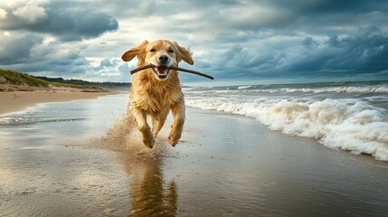 A playful dog running along the beach with a stick in its mouth, leaving paw prints in the wet sand as the waves crash nearby.