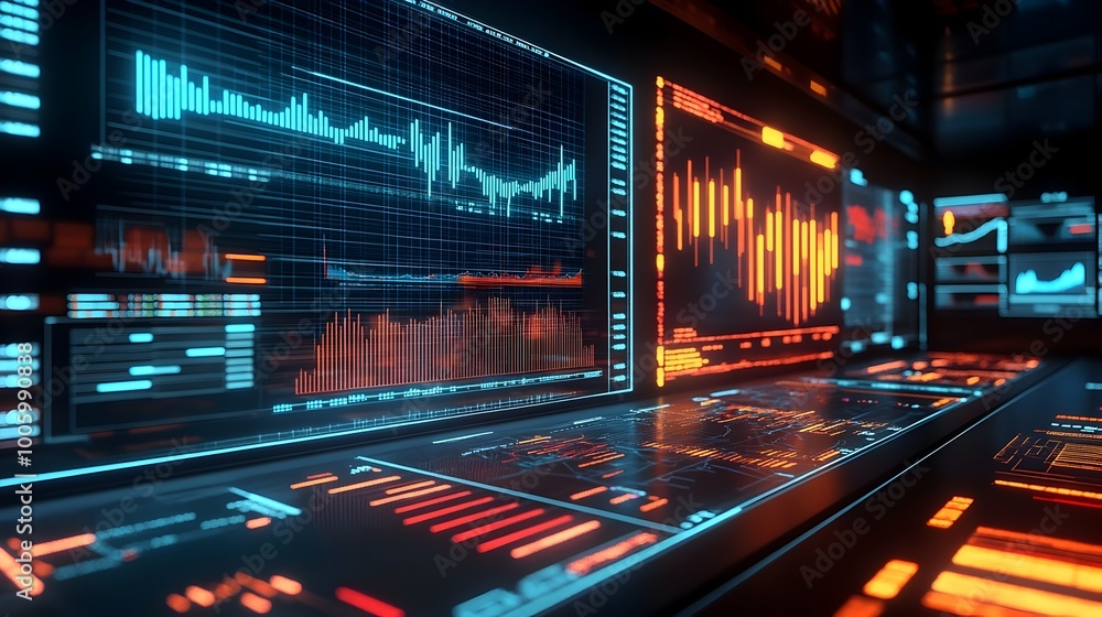 Poster futuristic holographic trading dashboard featuring glowing financial charts and data visualizations 