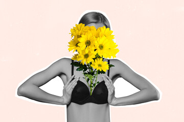 Composite photo collage of anonym girl instead face chrysanthemum flower bouquet hold boobs bra...