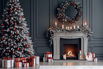Fototapeta premium A pleasant Christmas scene in the modern interior of the house, with a decorated Christmas tree and a fireplace