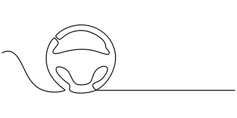 Continuous line drawing of car wheel icon. One line icon of wheel. One line drawing background. Vector illustration. Car steering wheel symbols, Steering wheel symbol in continuous line drawing style