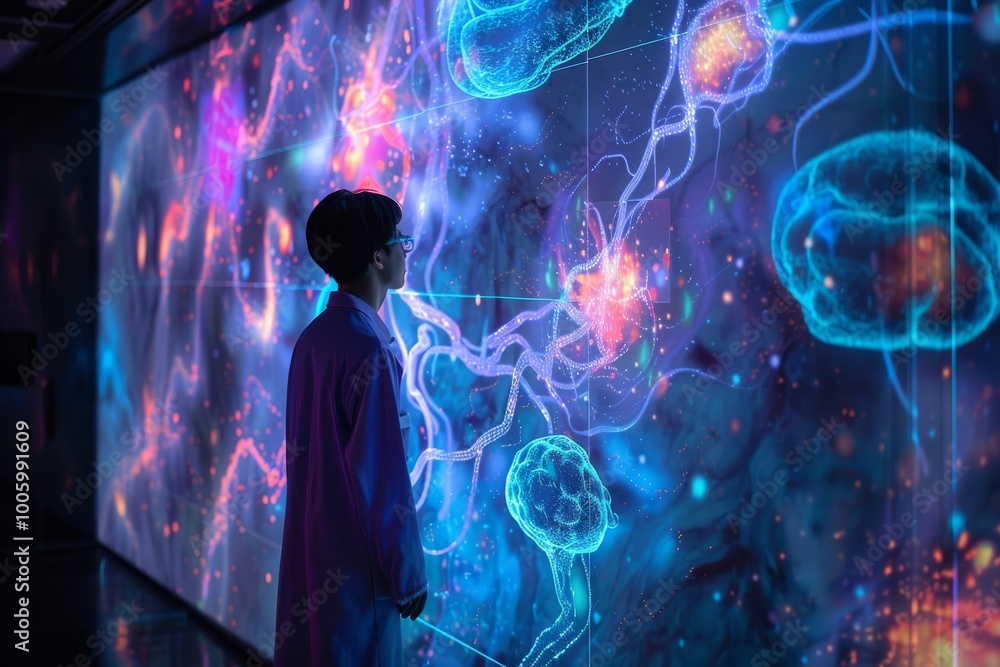 Poster exploring the vibrant world of neural networks in a futuristic lab setting, as a researcher engages 