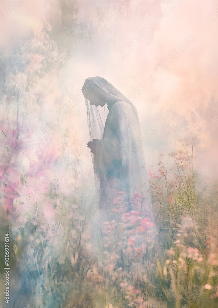 Poster enchanting pastel tinted portrait of a graceful figure surrounded by a dreamy ethereal aura capturin