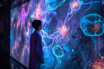 Exploring the vibrant world of neural networks in a futuristic lab setting, as a researcher engages with interactive digital displays. Generative AI