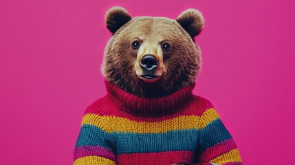 Bear in colorful striped sweater against pink background