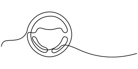 Continuous line drawing of car wheel icon. One line icon of wheel. One line drawing background. Vector illustration. Car steering wheel symbols, Steering wheel symbol in continuous line drawing style