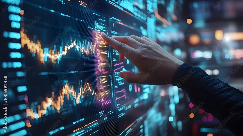 Poster hands interacting with holographic charts transparent digital screens and futuristic financial techn