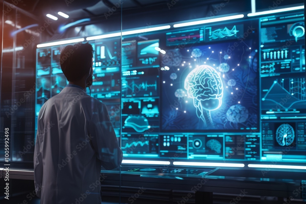 Poster exploring the future of ai research in a high-tech laboratory filled with glowing data screens and b