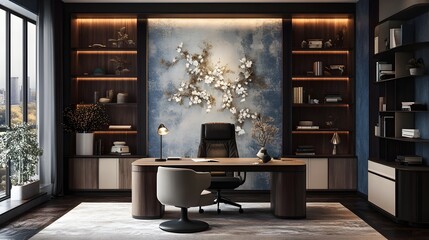Luxurious Home Office With Silk Textured Floral Wallpaper and Refined Workspace Decor