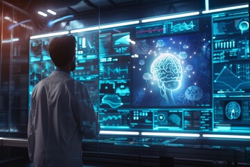 Exploring the future of AI research in a high-tech laboratory filled with glowing data screens and brain imaging at night. Generative AI