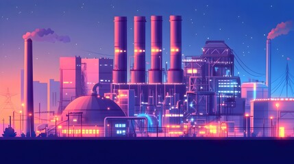 Minimalist and Cartoon style Power Plant with Vibrant Geometric Shapes Sleek Machinery and Whimsical Architectural Elements  Retro futuristic and Simplistic Urban Landscape with High contrast Palette