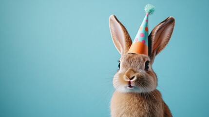 Obraz premium A cute rabbit wearing a party hat against a blue background, celebrating a festive occasion.