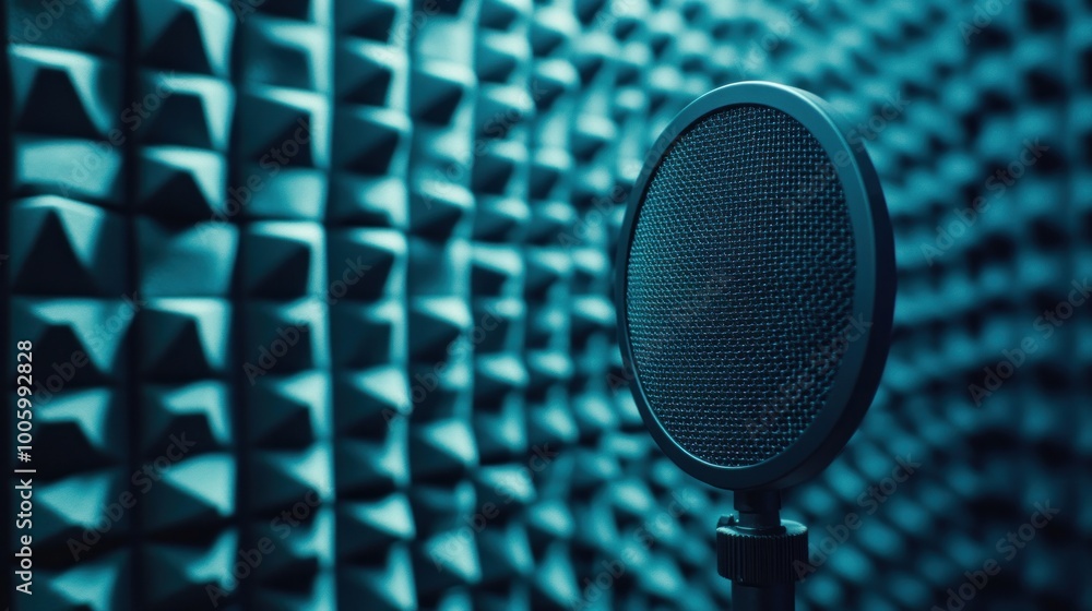 Poster a microphone positioned in a soundproof studio with textured walls for audio recording.