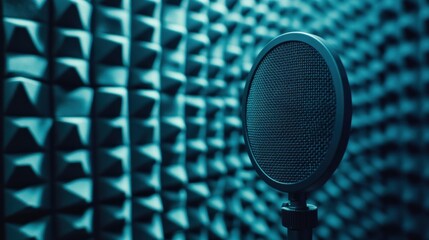 A microphone positioned in a soundproof studio with textured walls for audio recording.