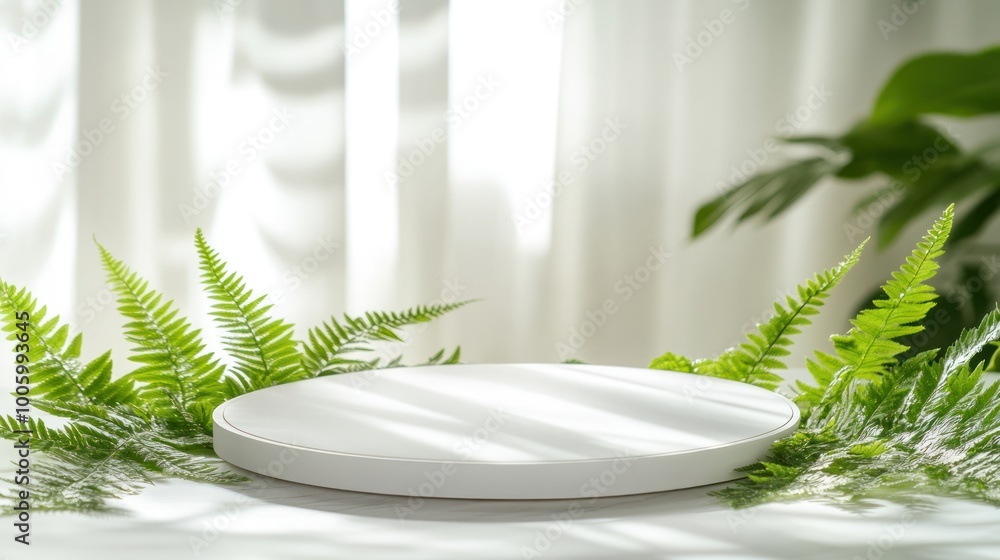 Poster a minimalistic display platform surrounded by lush ferns and soft lighting.