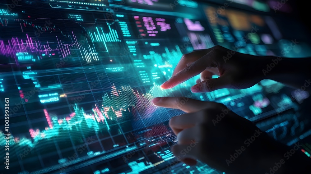 Poster hands interacting with transparent holographic charts screens and financial data visualization in a 