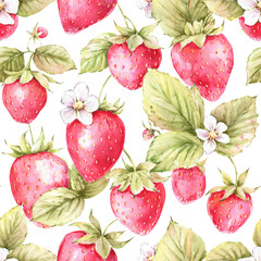 Watercolor strawberry seamless pattern with red berries, green leaves and flowers. Hand drawn illustration. Summer print on white background.