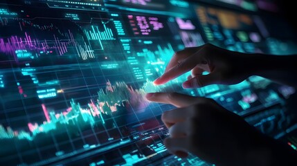 Fototapeta premium Hands interacting with transparent holographic charts screens and financial data visualization in a futuristic digital workspace setting Concept of advanced technology analytics