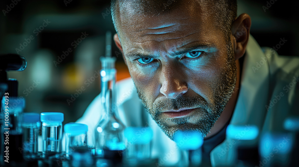 Poster a scientist focuses intently on various laboratory samples while glowing blue liquid illuminates the