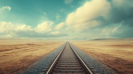 Fototapeta premium A railroad track cutting through a wide-open plain, disappearing into the distance with fields stretching out on either side.