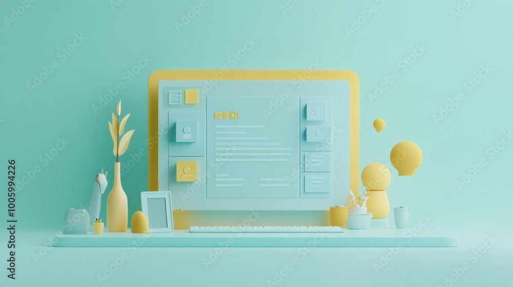 Poster a minimalist digital workspace featuring a computer and decorative elements.