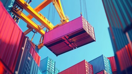 A container crane lifting vibrant freight containers, illustrating global shipping processes. No logos or people present.
