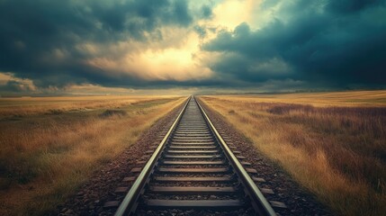 Fototapeta premium A railroad track cutting through a wide-open plain, disappearing into the distance with fields stretching out on either side.