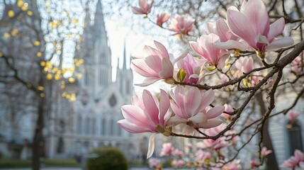 First spring flowers magnolia bloom in front of the church Votivkirche in Vienna., 