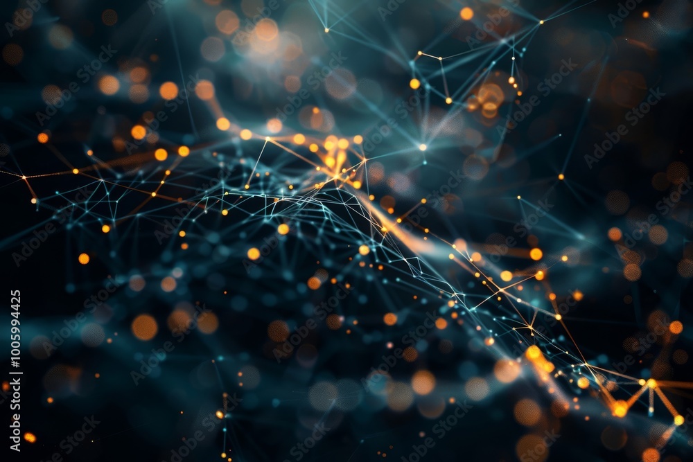 Poster captivating abstract representation of digital connectivity through glowing nodes and lines against 