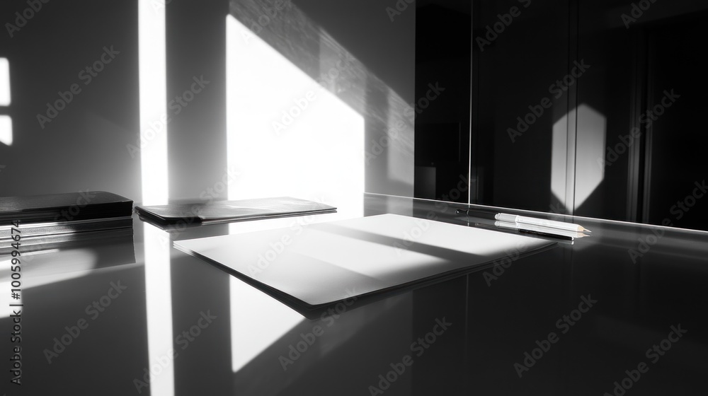 Poster a minimalist workspace with light and shadow showcasing a blank sheet and writing tools.