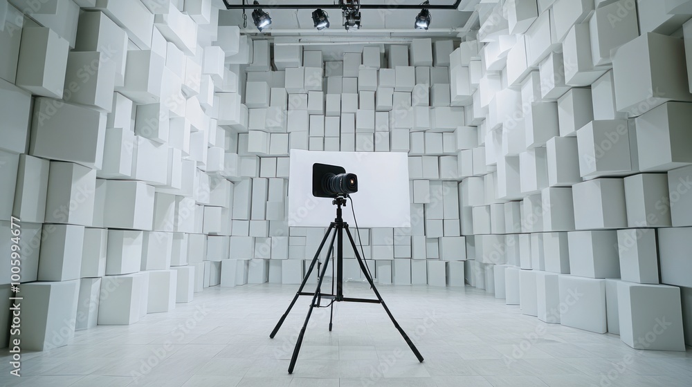 Aufkleber a photography studio with a camera on a tripod and a blank canvas in a minimalist space.