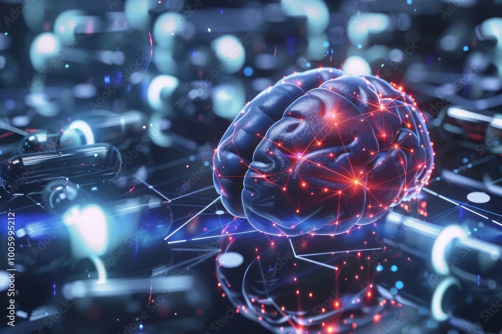 Poster futuristic neural connections illuminate a digital brain surrounded by tech circuits in a captivatin