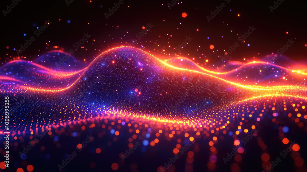 Poster vibrant waves of light illuminated with brilliant colors ripple across a dark background, creating a