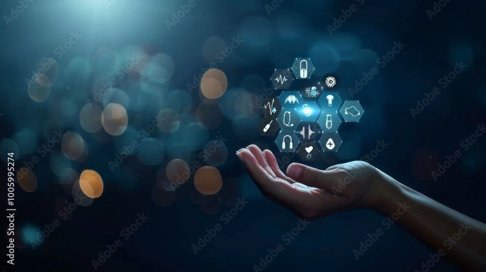 Aufkleber a hand holding a blue object with many icons on it