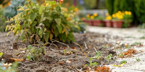 Obraz premium A garden bed with dead plants, showing the effects of drought and lack of care