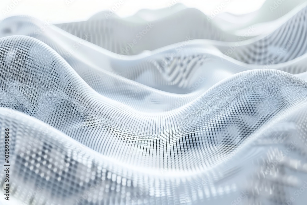 Poster delicate white fabric gracefully undulating, revealing intricate patterns in soft light, creating an