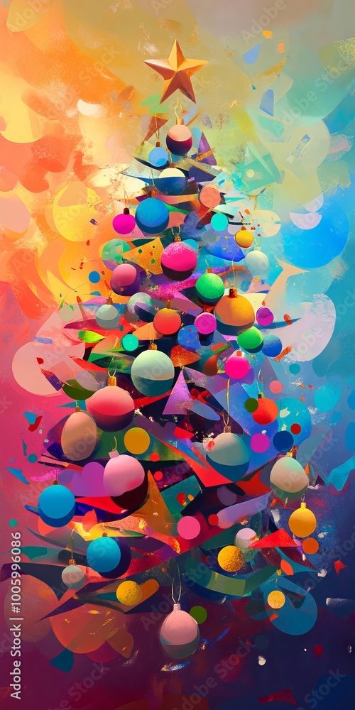 Poster a colorful christmas tree with many ornaments and a star on top. the tree is surrounded by a splash 