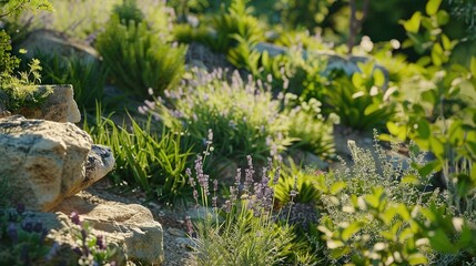 A rustic herb garden brimming with aromatic plants such as lavender