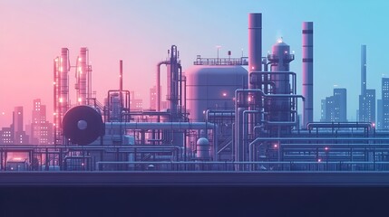 Obraz premium Compact and Efficient Oil Processing Plant Featuring Geometric Architectural Forms Muted Chromatic Palette Precise Mechanical Components Soft Ambient Lighting