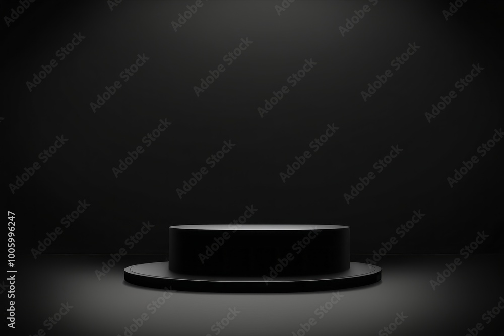 Poster an empty dark stage with no spotlight and a blank podium in a modern room with various technology di