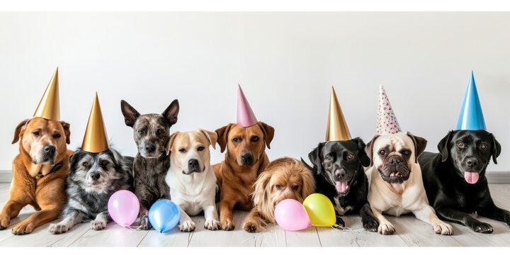 A group of pets posing for a picture, each wearing a small party hat, celebrating a special occasion