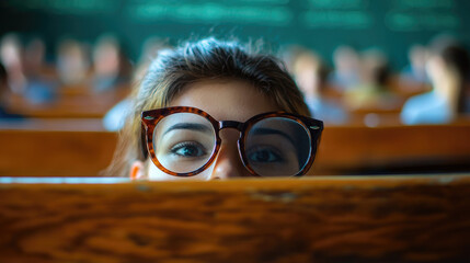 A student wearing large glasses peers over a wooden bench, observing classmates during a lecture in a busy school classroom